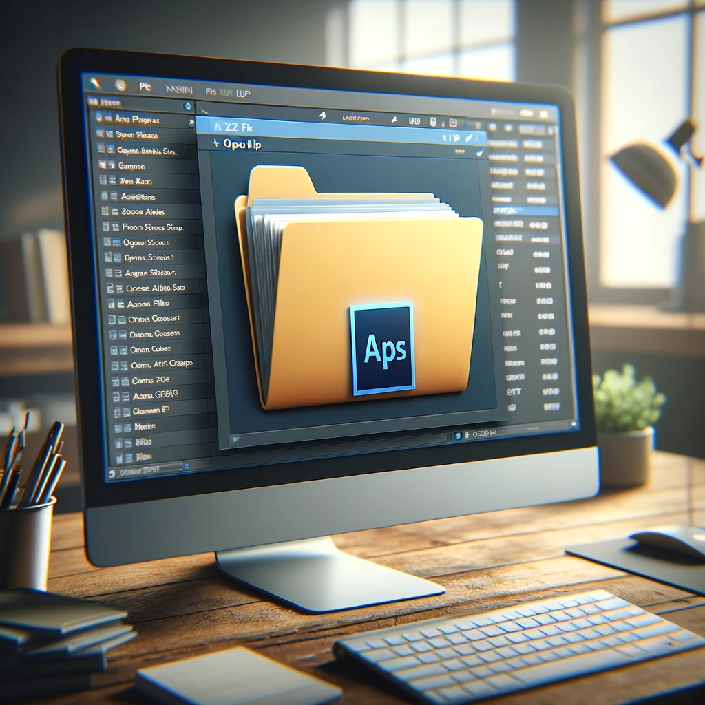 DALL·E 2024 03 15 23.14.21 A computer desktop displaying an open ZIP file showing its contents including a Photoshop action file with an .atn extension and additional resources