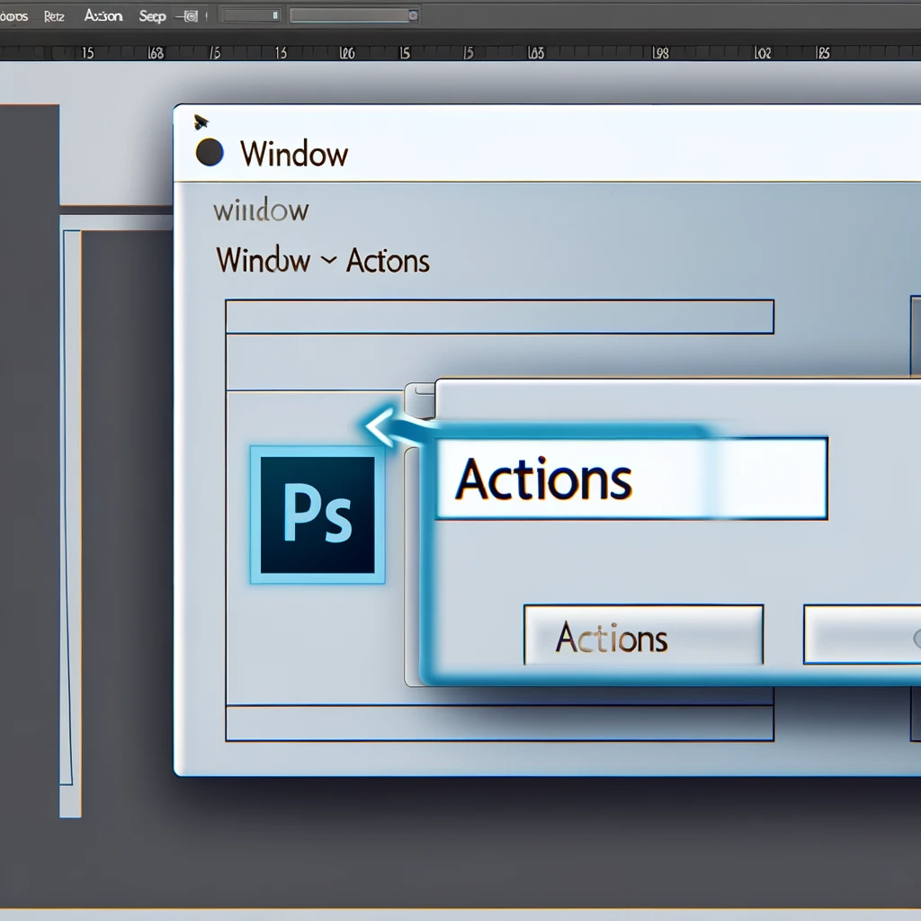 DALL·E 2024 03 15 23.17.15 Inside Adobe Photoshop a users perspective as they navigate through the software interface to the Actions panel. The top menu is open showing the