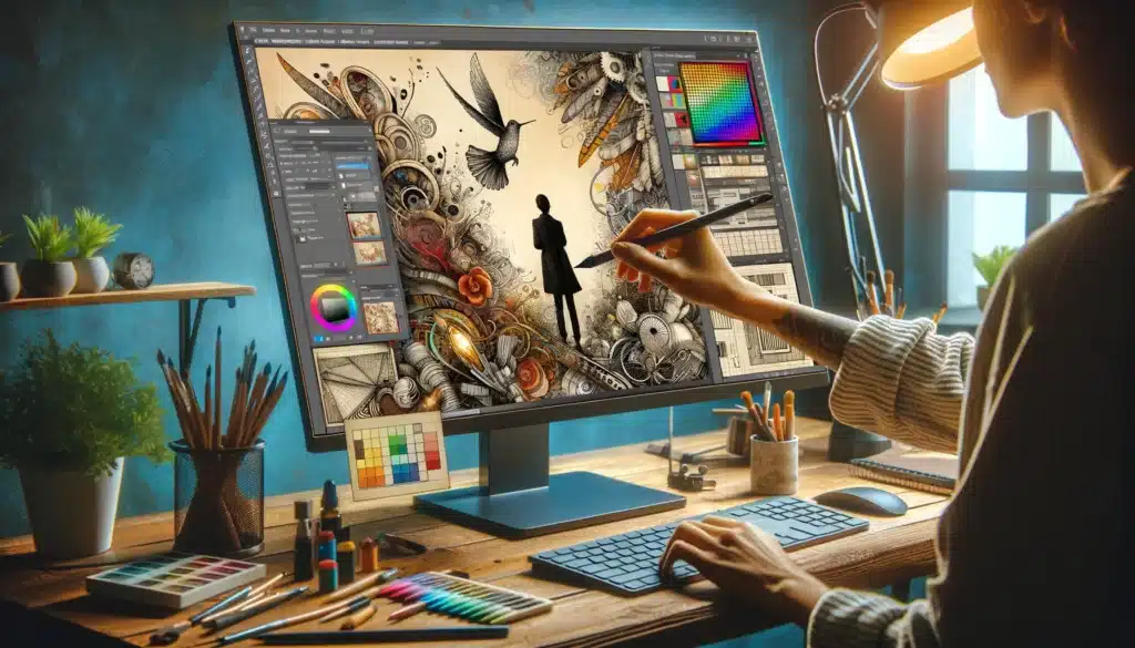 DALL·E 2024 03 15 23.49.55 An inspiring scene within a digital art studio where an artist is engaged in creative exploration facilitated by the Pen Sketch Photoshop Action. The