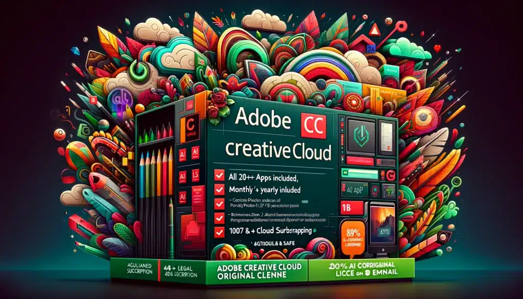 DALL·E 2024 05 16 13.07.08 An image showcasing Adobe Creative Cloud Official Subscription in a wide aspect ratio. The image should include a vibrant box of Adobe Creative Cloud