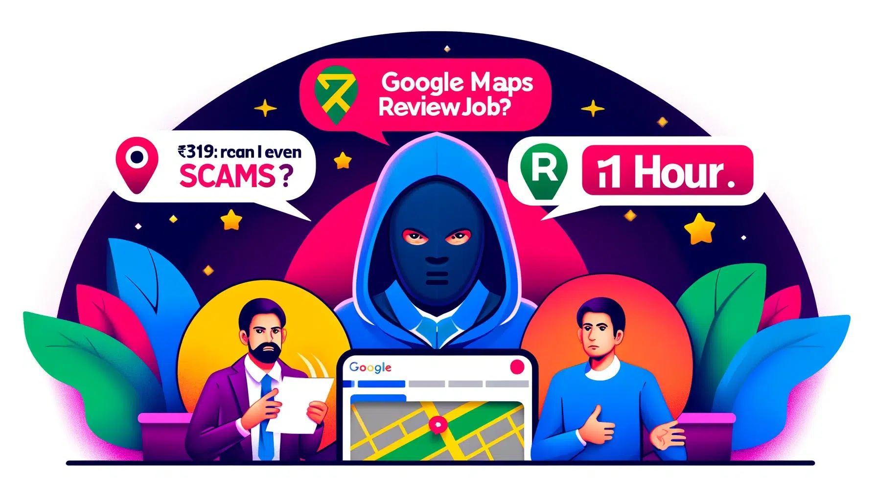 DALL·E 2024 06 02 02.05.49 Create a 16 9 thumbnail for a blog post similar to the image provided. The thumbnail should feature a masked scammer on one side a person explaining