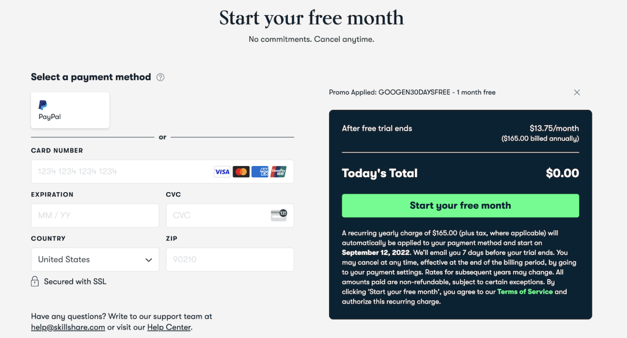 Skillshare payment details