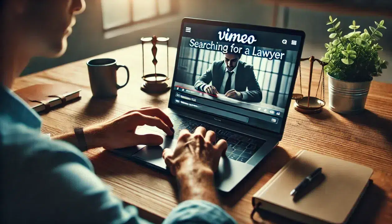 DALL·E 2024 11 16 11.32.55 A person sitting in front of a laptop searching for a lawyer on Vimeo. The laptop screen shows the Vimeo website with a video playing about legal ser