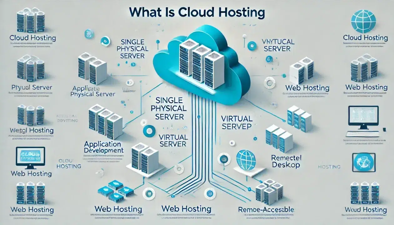 DALL·E 2024 11 20 10.05.54 An infographic explaining What is Cloud Hosting with a professional clean design. The top section features a cloud icon containing server racks lab