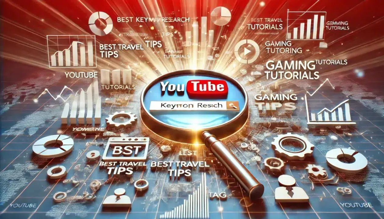 DALL·E 2024 11 22 23.20.06 An artistic representation of keyword research for YouTube in a 16 9 aspect ratio. The image features a search bar with the YouTube logo and keywords