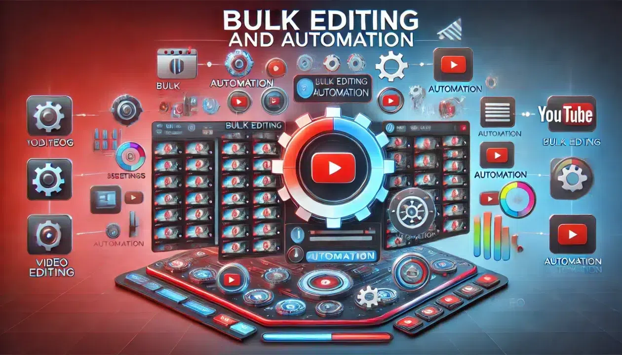 DALL·E 2024 11 22 23.23.21 A visually engaging representation of bulk editing and automation for YouTube in a 16 9 aspect ratio. The image includes a YouTube dashboard with mult