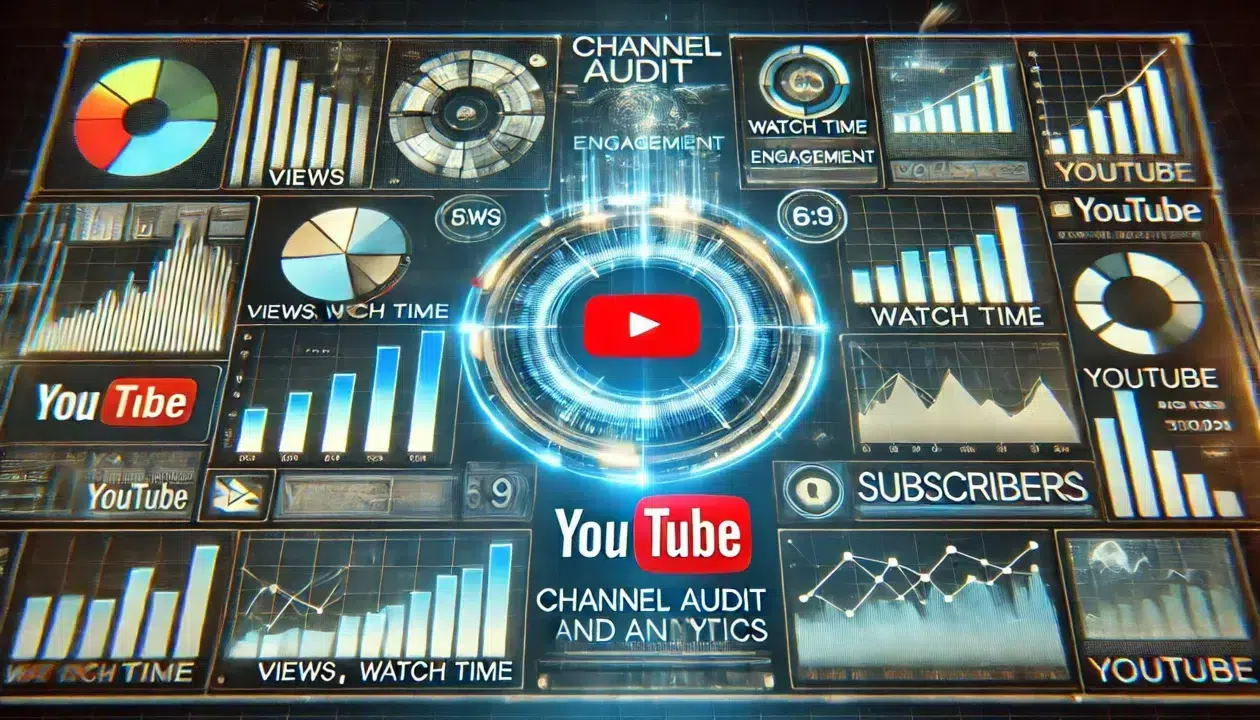 DALL·E 2024 11 22 23.24.08 An artistic and visually engaging representation of Channel Audit and Analytics for YouTube in a 16 9 aspect ratio. The image features a dashboard sty