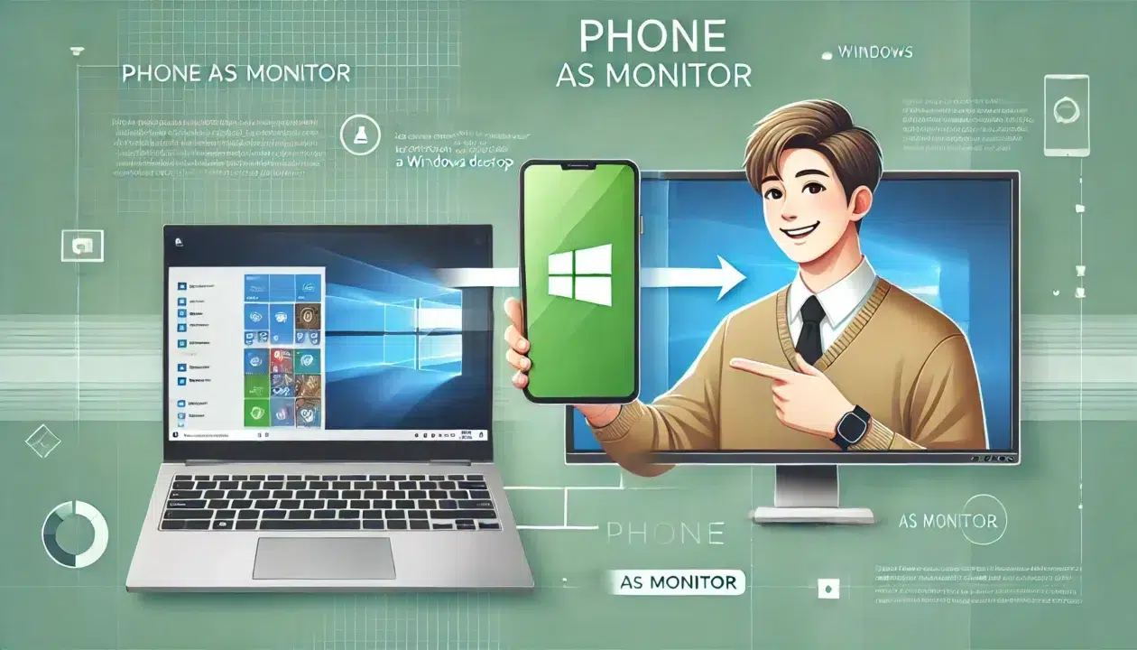 DALL·E 2024 11 26 02.12.06 A professional and clean design image illustrating the concept of using a smartphone as a second monitor for a laptop. The image features a smiling pe