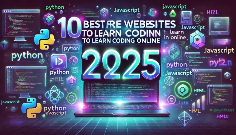 DALL·E 2024 12 19 14.56.49 A full 16 9 image designed as a thumbnail for a blog post titled 10 Best FREE Websites to Learn Coding Online in 2025. The graphic should prominentl