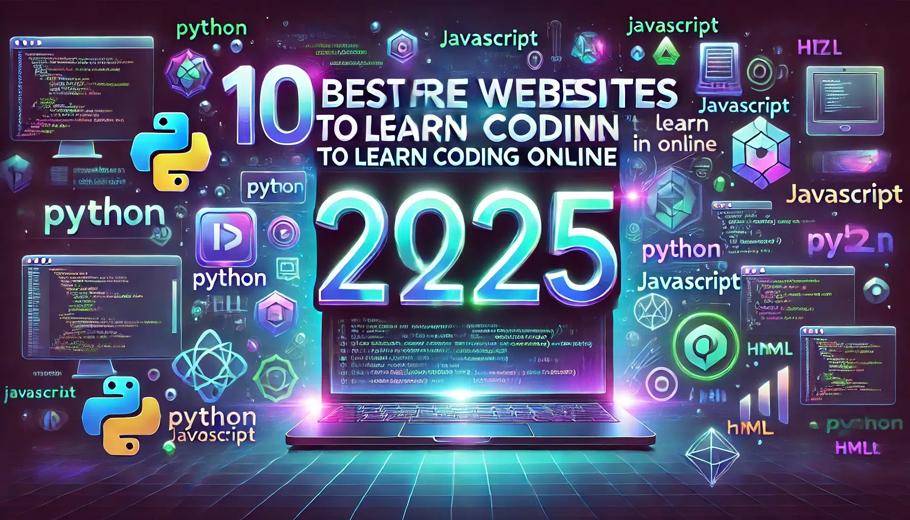 DALL·E 2024 12 19 14.56.49 A full 16 9 image designed as a thumbnail for a blog post titled 10 Best FREE Websites to Learn Coding Online in 2025. The graphic should prominentl