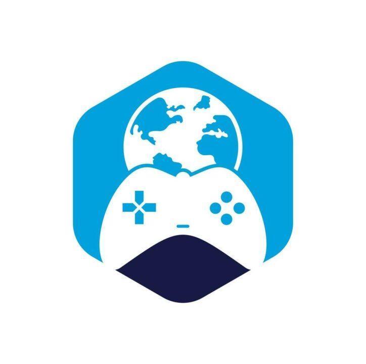 game globe logo icon design online gamer world logo globe and game stick icon vector