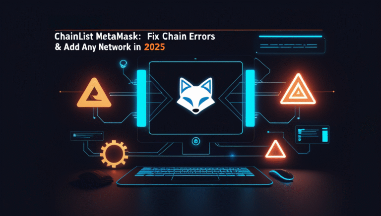 Futuristic blog thumbnail for Chainlist MetaMask guide showing RPC errors and network setup in 2025