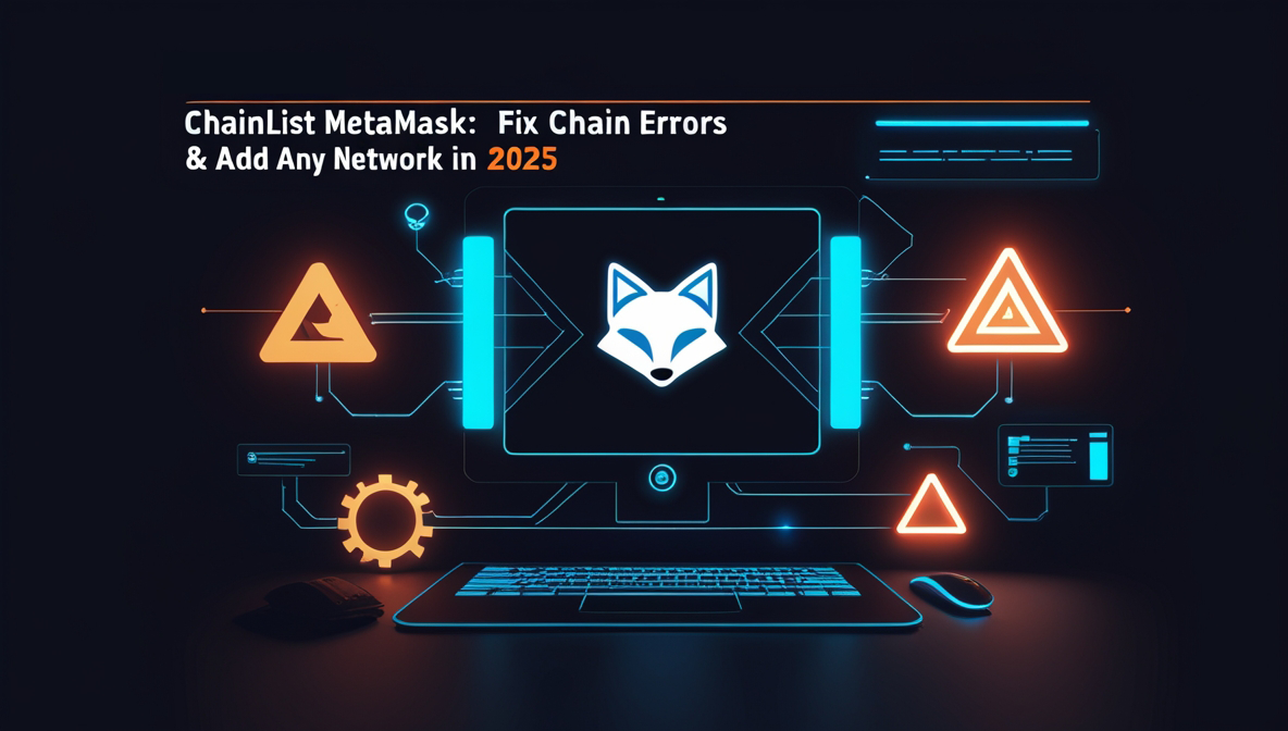 Futuristic blog thumbnail for Chainlist MetaMask guide showing RPC errors and network setup in 2025